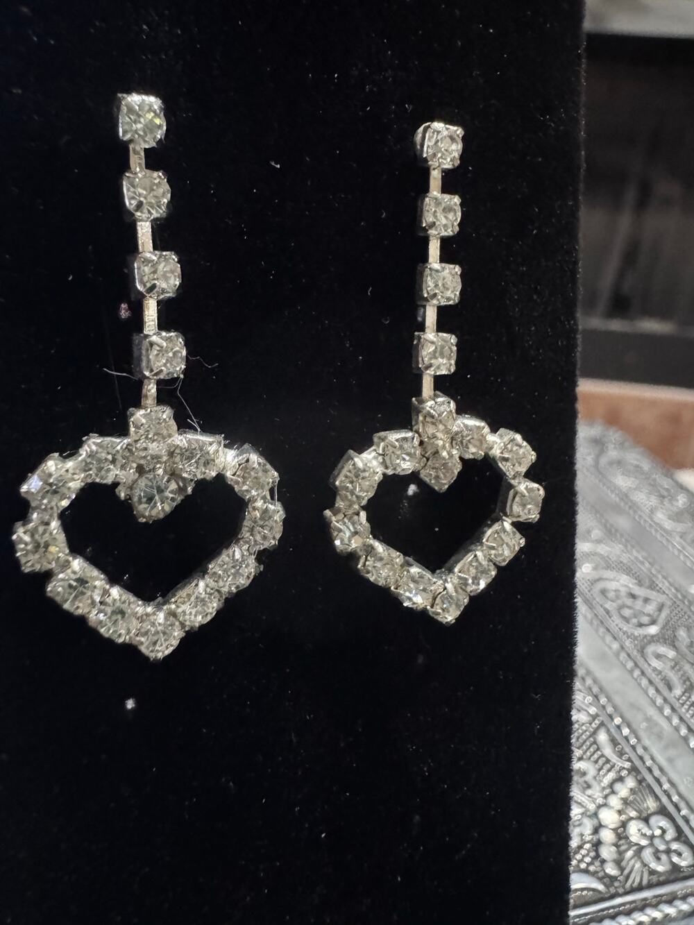 Vintage Rhinestone Open Heart Dangle Earrings Silver Tone Statement Earrings